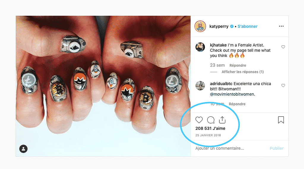 Katy Perry calling the top of cryptobubble with her nail's insta post