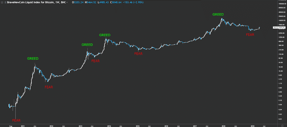 Weekly bitcoin chart with fear and greed identified